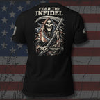 Black t-shirt with a graphic design of a skeleton holding a rifle and 'Fear the Infidel' text on an American flag background.