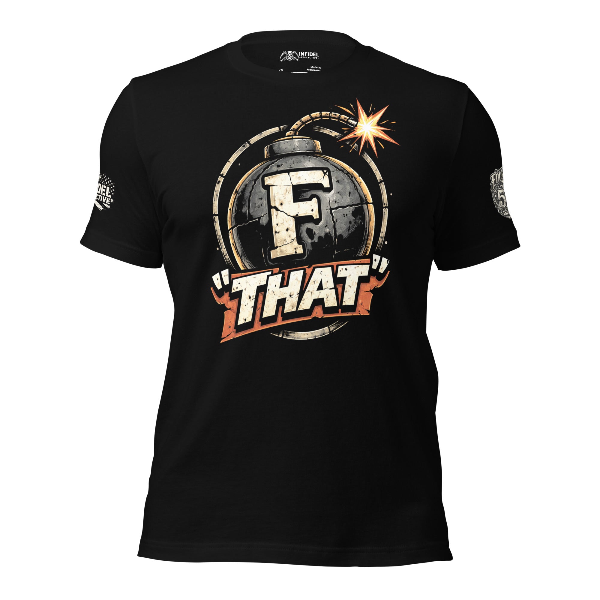 Black t-shirt with graphic design and text on a white background