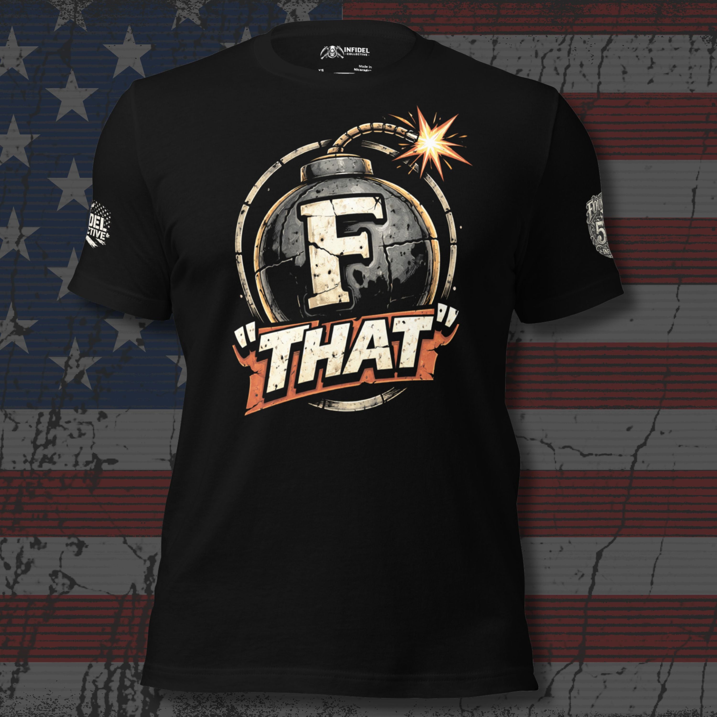 Black t-shirt with graphic design and text on a textured American flag background