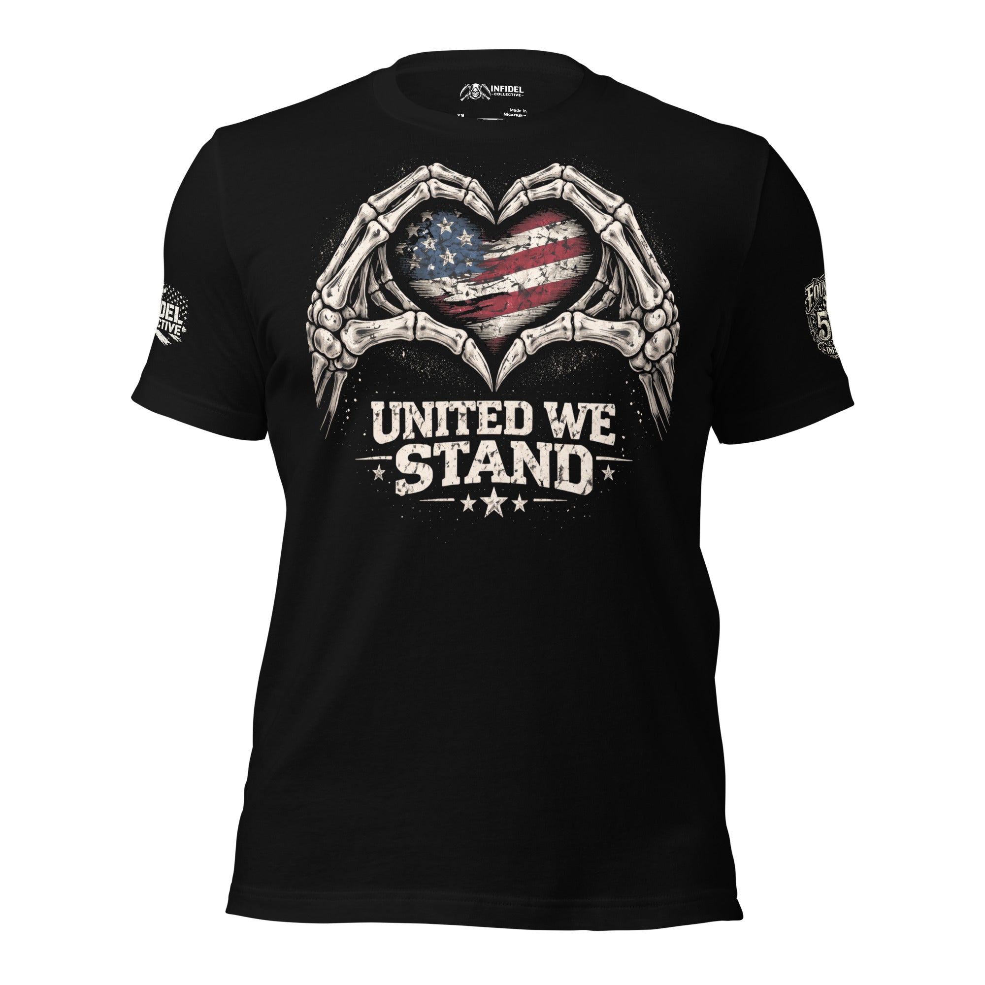 Black t-shirt with skeleton hands forming a heart with an American flag, 'United We Stand' text, and brand logo on a white background.