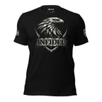Black t-shirt with a graphic design and text on a white background