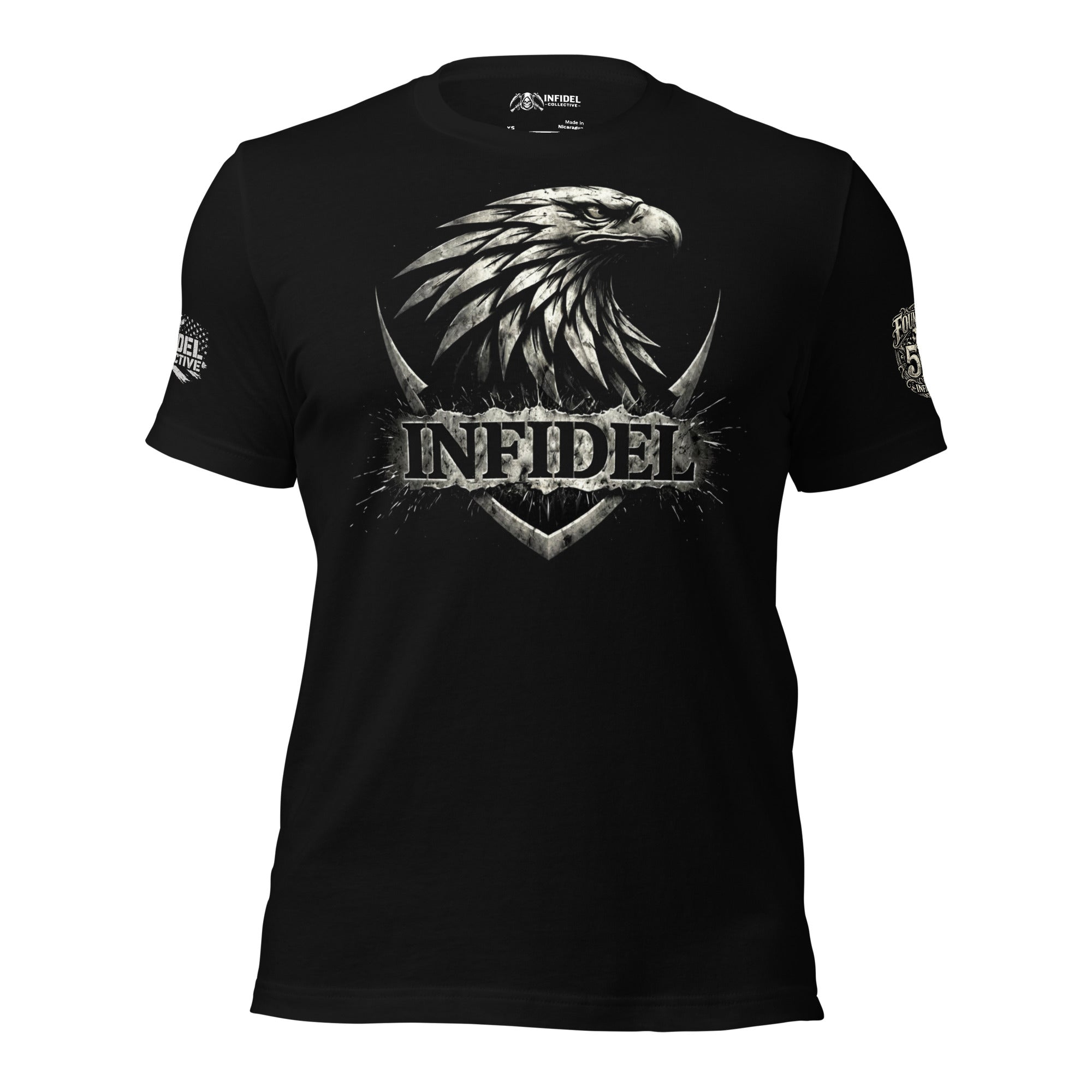 Black t-shirt with a graphic design and text on a white background