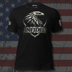 Black t-shirt with eagle design and 'Infidel' text on a distressed American flag background