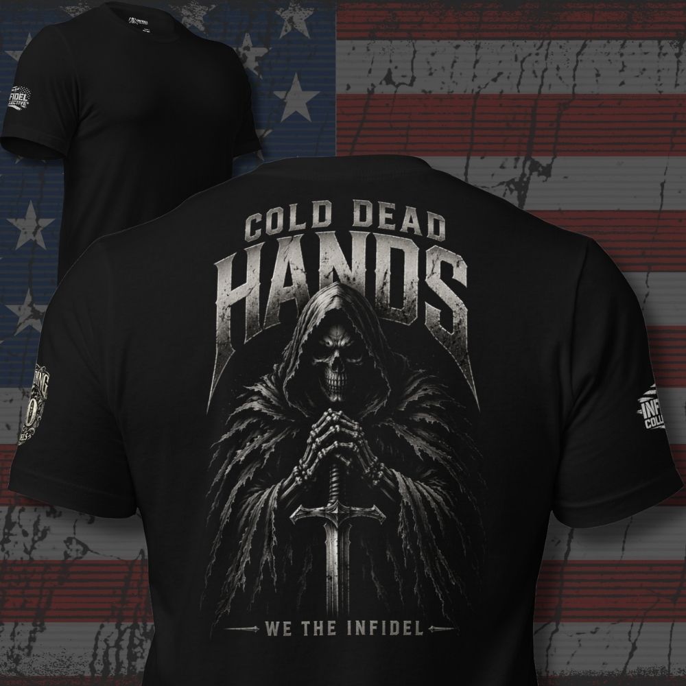 Black t-shirt with a graphic design of a hooded figure holding a sword and text 'Cold Dead Hands We The Infidel' on an American flag background.