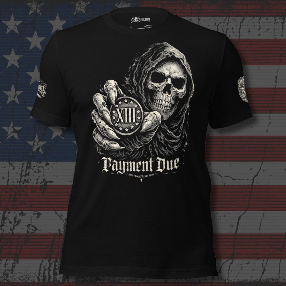 Black t-shirt with a skull design and 'Payment Due' text on an American flag background