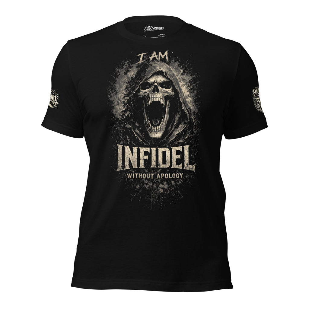 Black t-shirt with a graphic of a hooded figure and 'I AM INFIDEL WITHOUT APOLOGY' text on a white background.