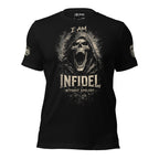 Black t-shirt with a graphic of a hooded figure and 'I AM INFIDEL WITHOUT APOLOGY' text on a white background.