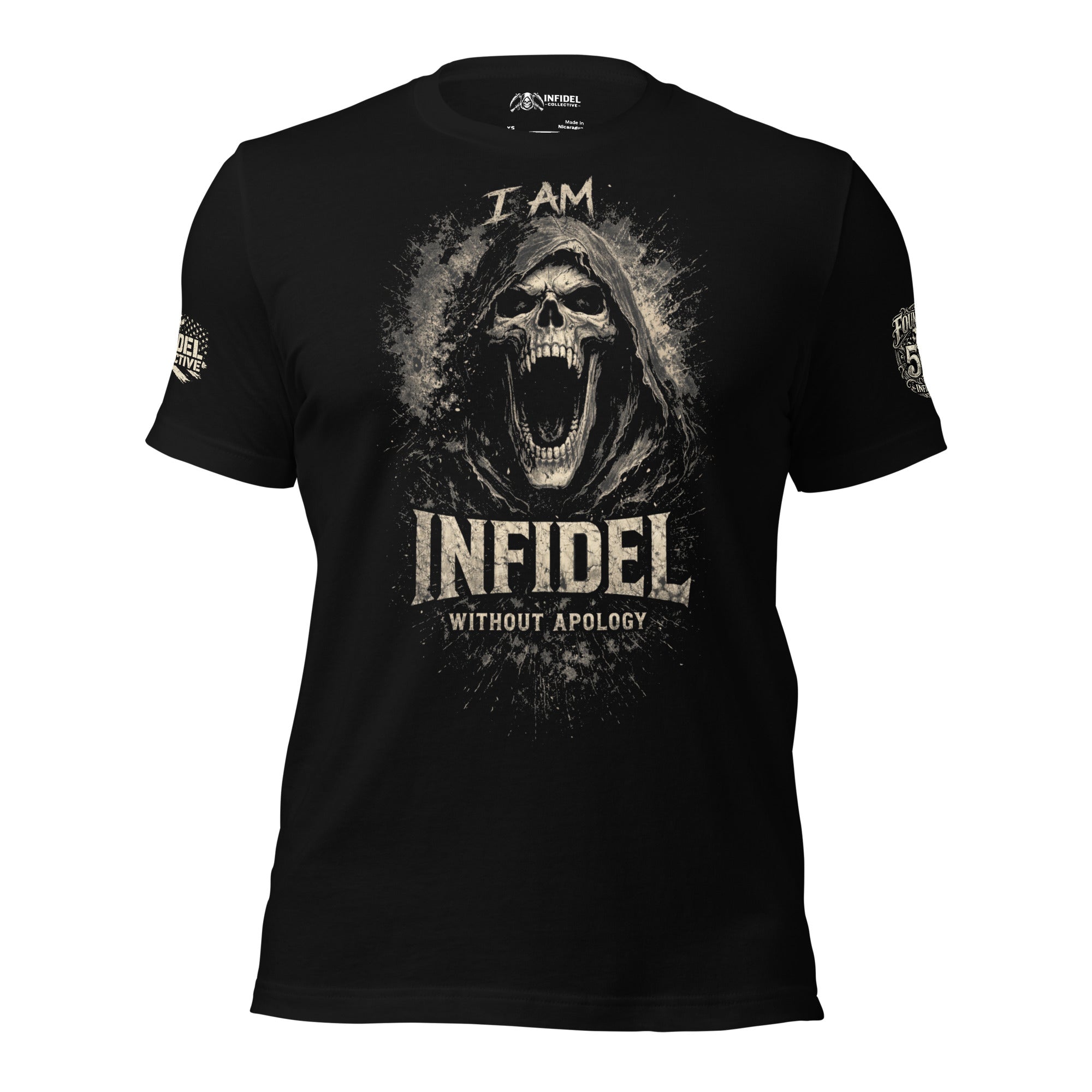 Black t-shirt with a graphic of a hooded figure and 'I AM INFIDEL WITHOUT APOLOGY' text on a white background.