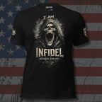 Black t-shirt with a graphic design of a skull and text 'I AM INFIDEL WITHOUT APOLOGY" on an American flag background