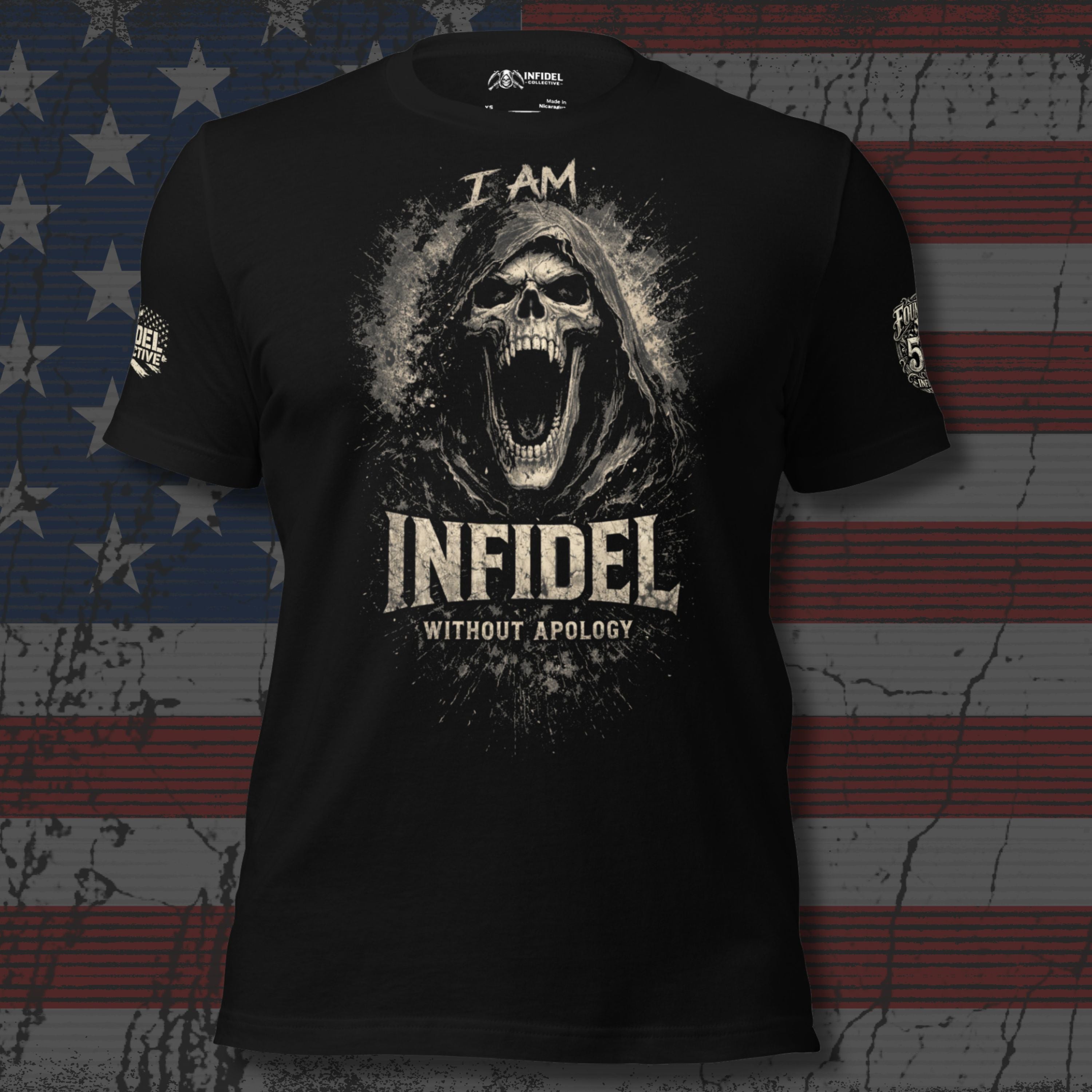 Black t-shirt with a graphic design of a skull and text 'I AM INFIDEL WITHOUT APOLOGY" on an American flag background