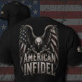 dark spread-wing bald eagle with American Infidel text back print black tee from Infidel Collective