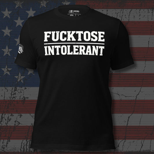 Black t-shirt with white text on an American flag background