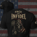 Face the Infidel flag-hooded reaper holding a combat shovel design back print black tee from Infidel Collective