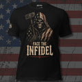 Face the Infidel flag-hooded reaper carrying a war hammer design front print black tee from Infidel Collective