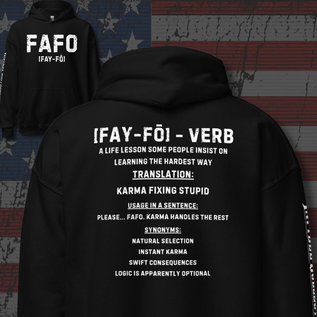 FAFO defined front and back print black hoodie from Infidel Collective