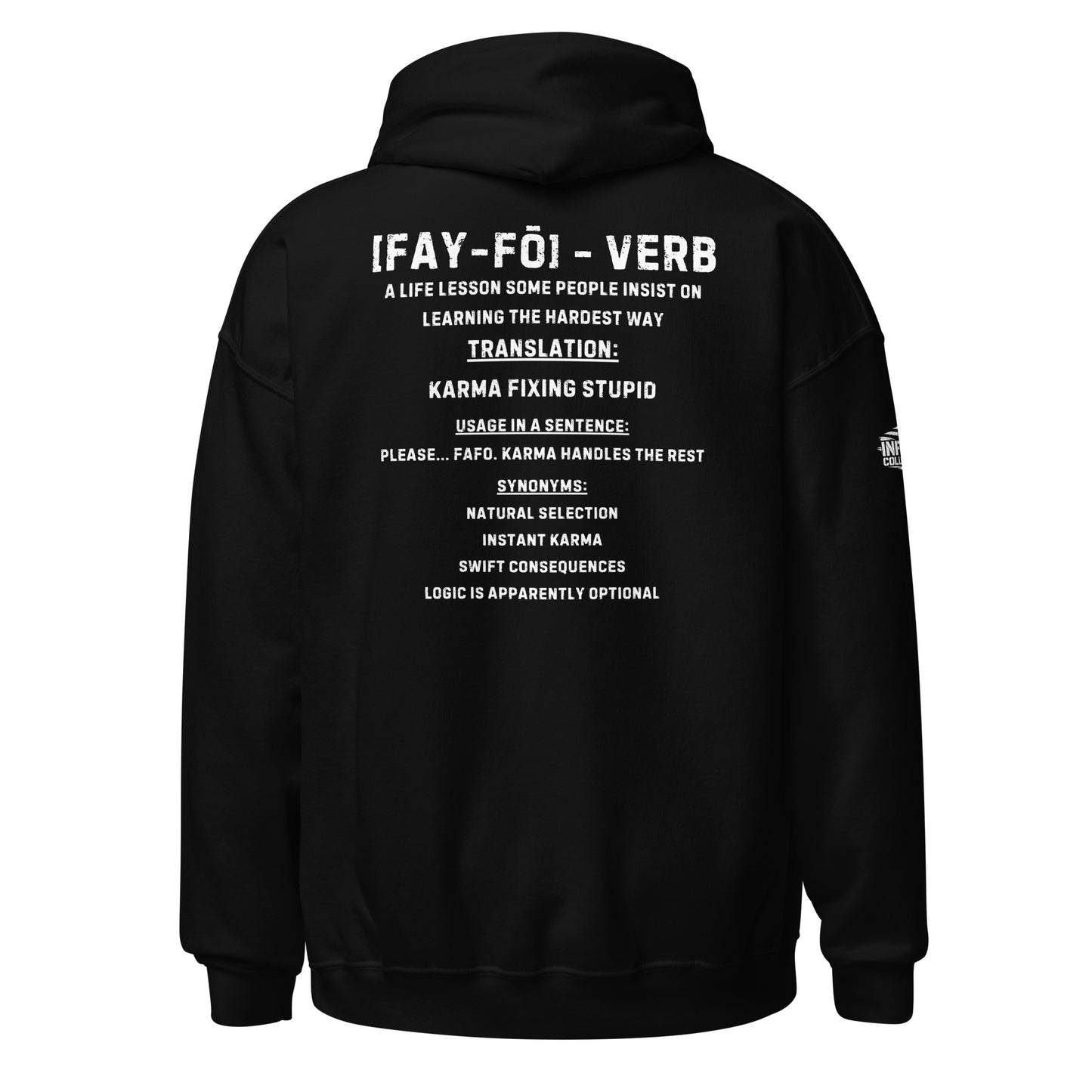 Black hoodie with FAFO Definition text on the back against a white background