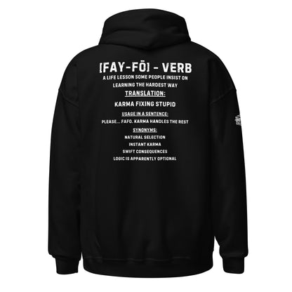Black hoodie with FAFO Definition text on the back against a white background