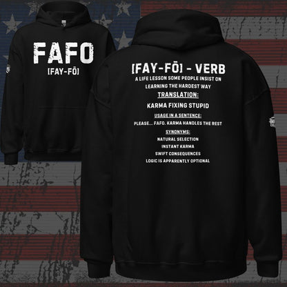 Black hoodie with text 'FAFO' on the front and back against a distressed American flag background