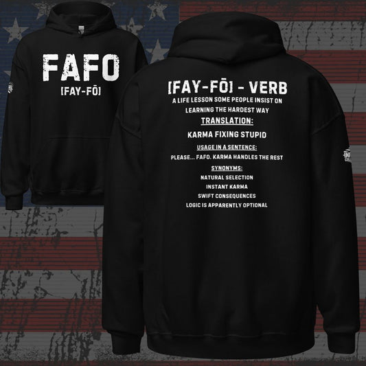 Black hoodie with text 'FAFO' on the front and back against a distressed American flag background
