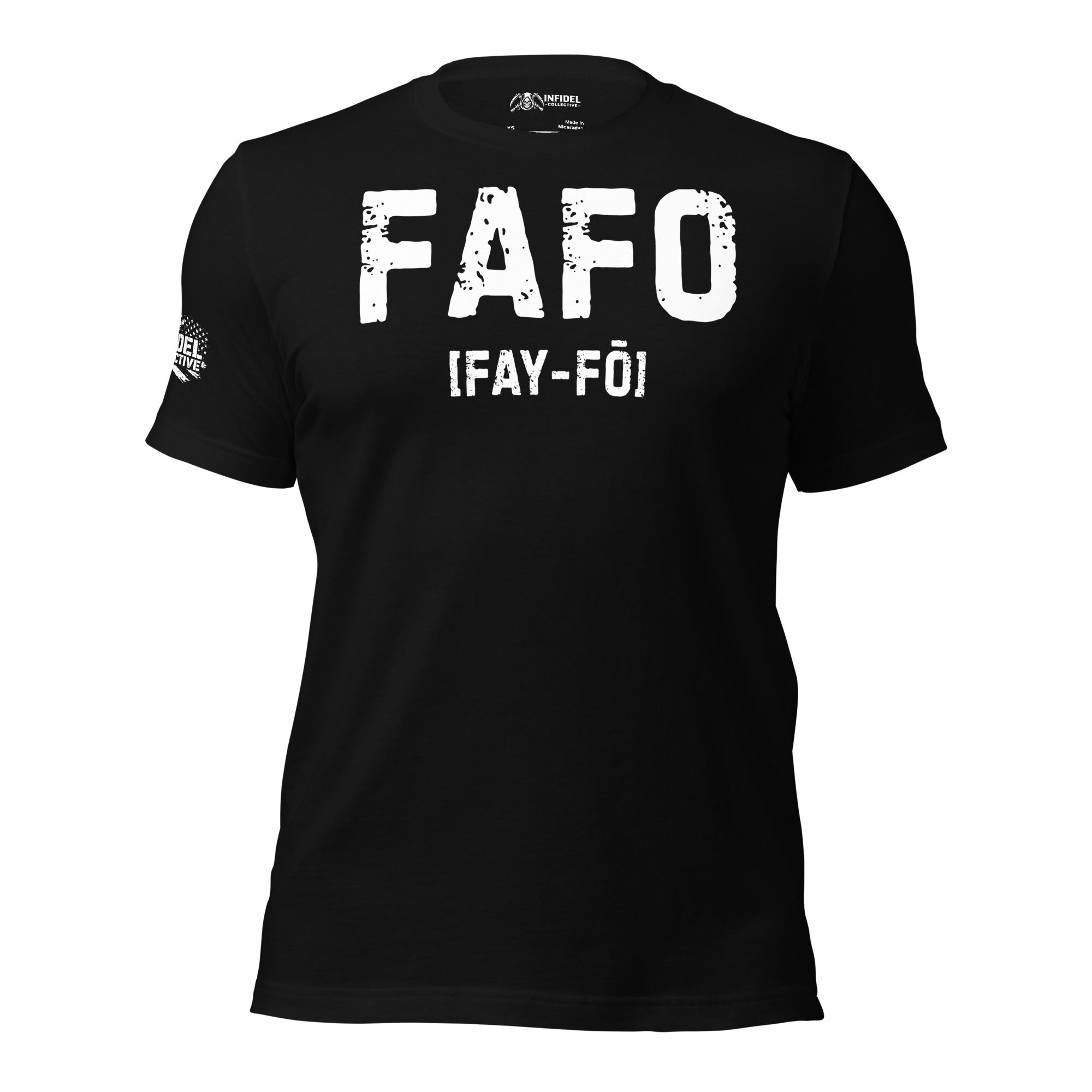 Black t-shirt with 'FAFO [FAY-FO]' text on a white background