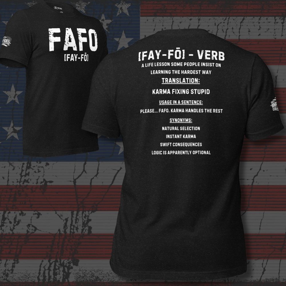 Black t-shirt with 'FAFO' text and definition on a distressed American flag background