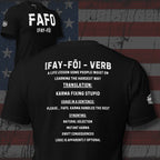 Black t-shirt with FAFO text design on a flag background