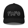 Red snapback hat with embroidered FAFO Graffiti, back view