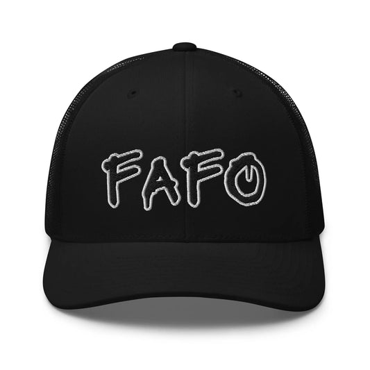 Mockup of "FAFO" cap – Embroidered Stitching on Snapback Mesh Trucker Cap for Men and Women