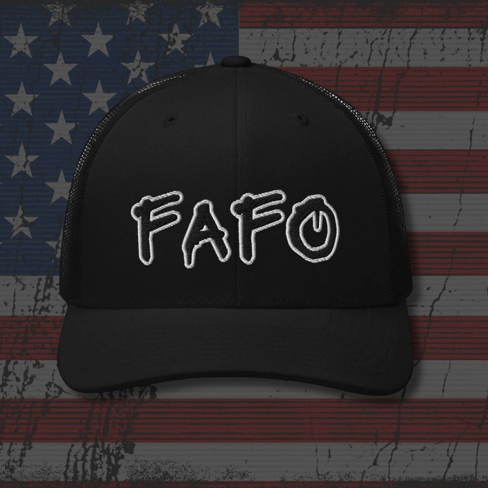 Black cap with 'FAFO' text on an American flag background