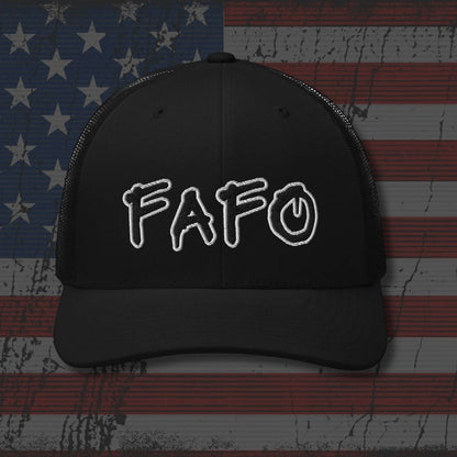 Black cap with 'FAFO' text on an American flag background