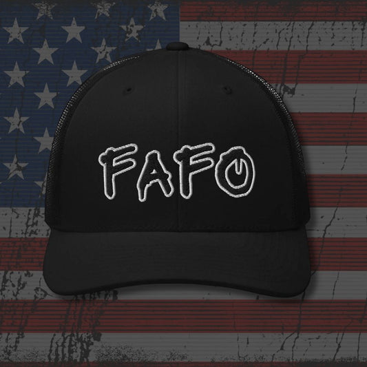 Black cap with 'FAFO' text on an American flag background