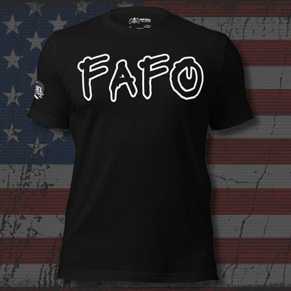 Black t-shirt with 'FAFO' text on a distressed American flag background