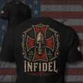 crusader helmet over a red cross crest with Infidel and Latin faith text back print black tee from Infidel Collective