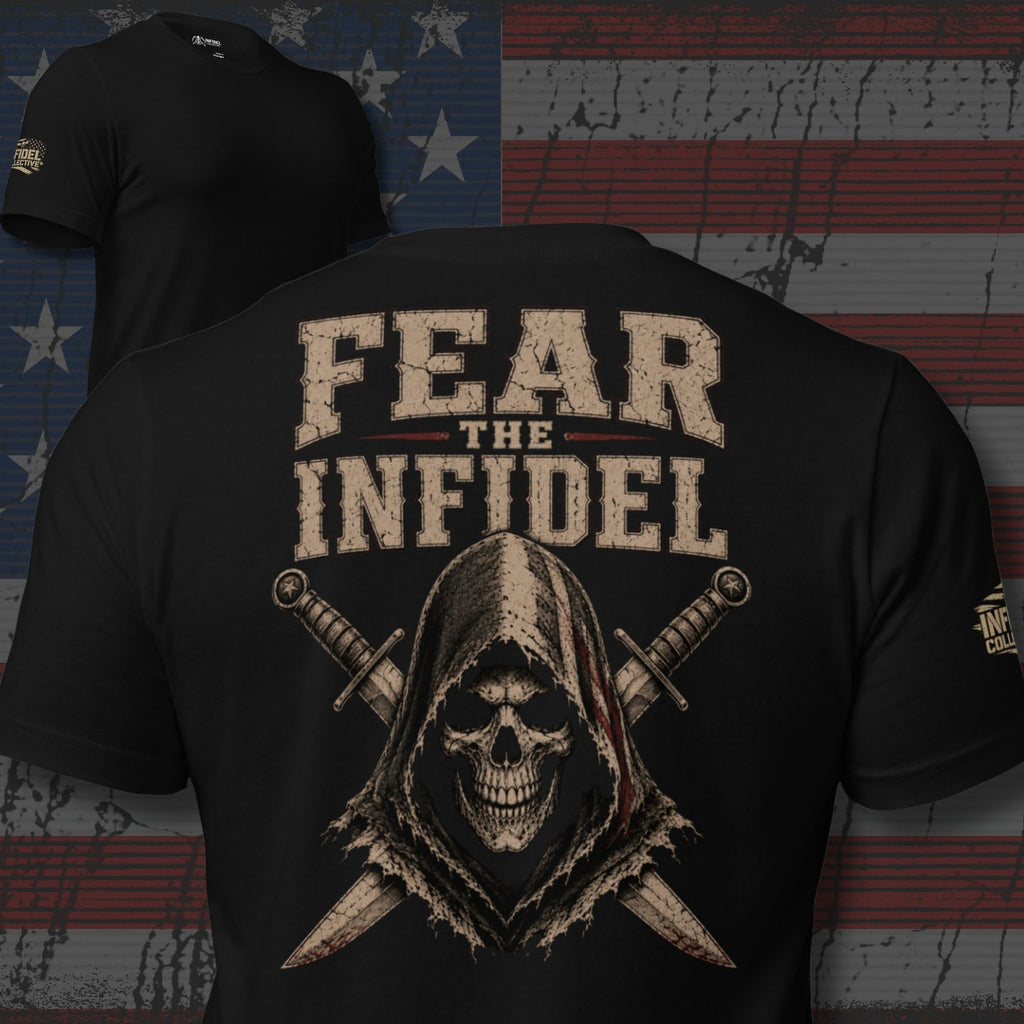 Fear Bold Infidel Reaper back print black tee from Infidel Collective