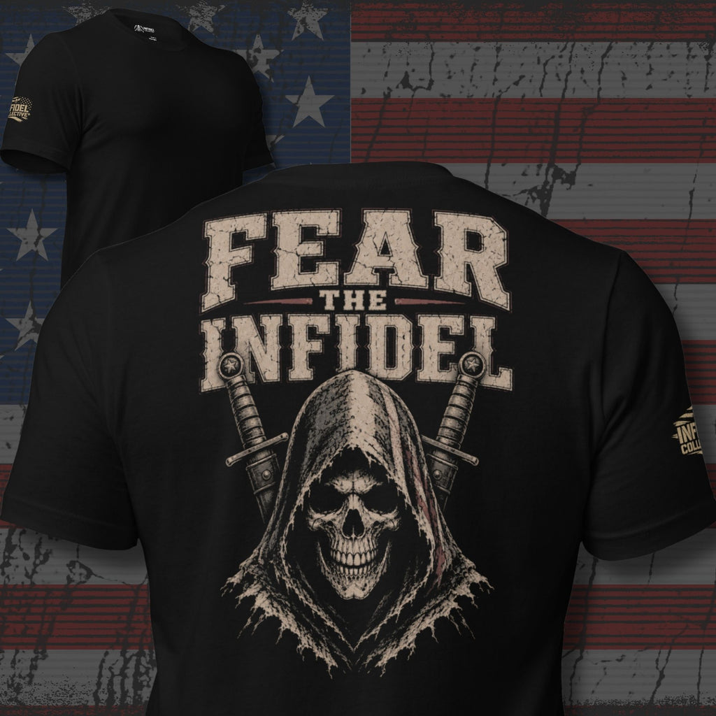 Black t-shirt with 'Fear the Infidel' graphic design on a distressed American flag background