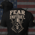 Fear the Infidel hooded skull with crossed swords design back print black tee from Infidel Collective