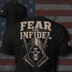 Black t-shirt with 'Fear the Infidel' graphic design on a distressed American flag background