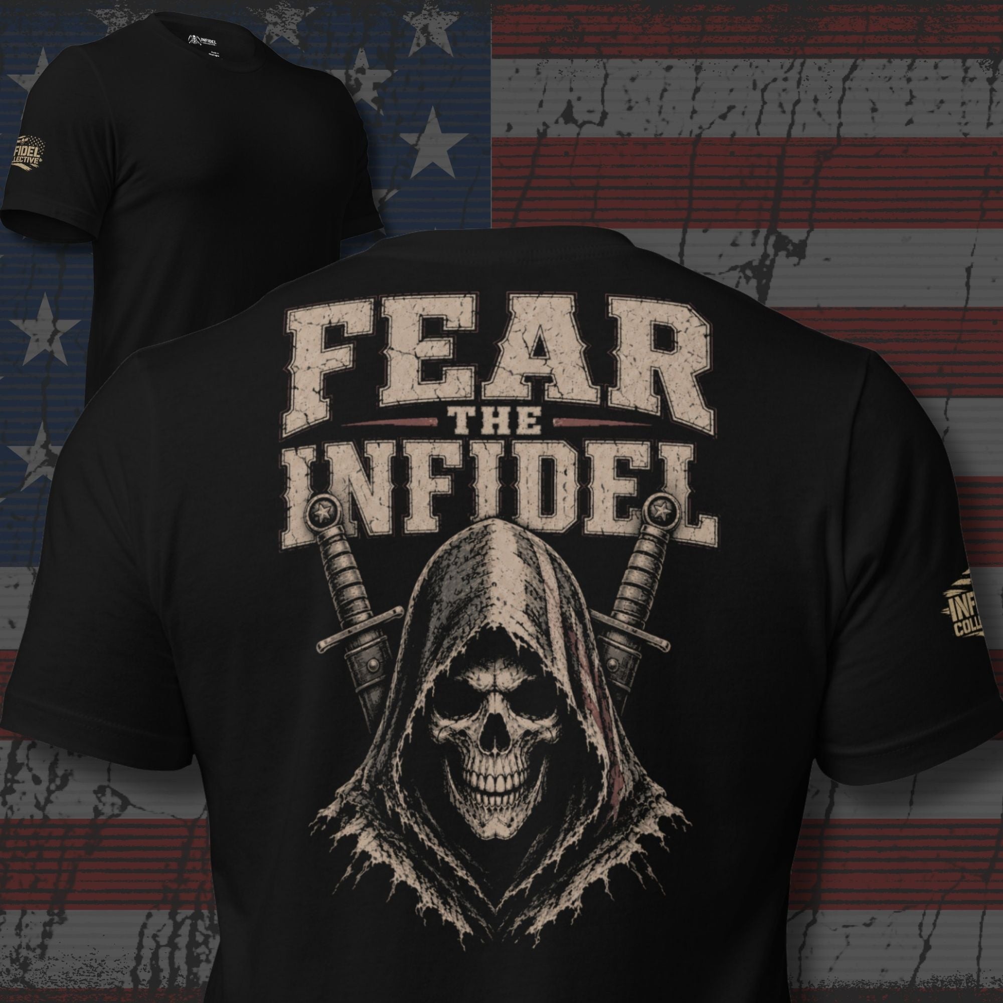 Black t-shirt with 'Fear the Infidel' graphic design on a distressed American flag background