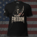 hooded reaper with an American flag blade and Fear Freedom text front print black tee from Infidel Collective