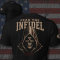 Fear the Infidel hooded skull with Fear Me design back print black tee from Infidel Collective