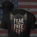 Fear the Free American flag shield with broad wings design back print black tee from Infidel Collective