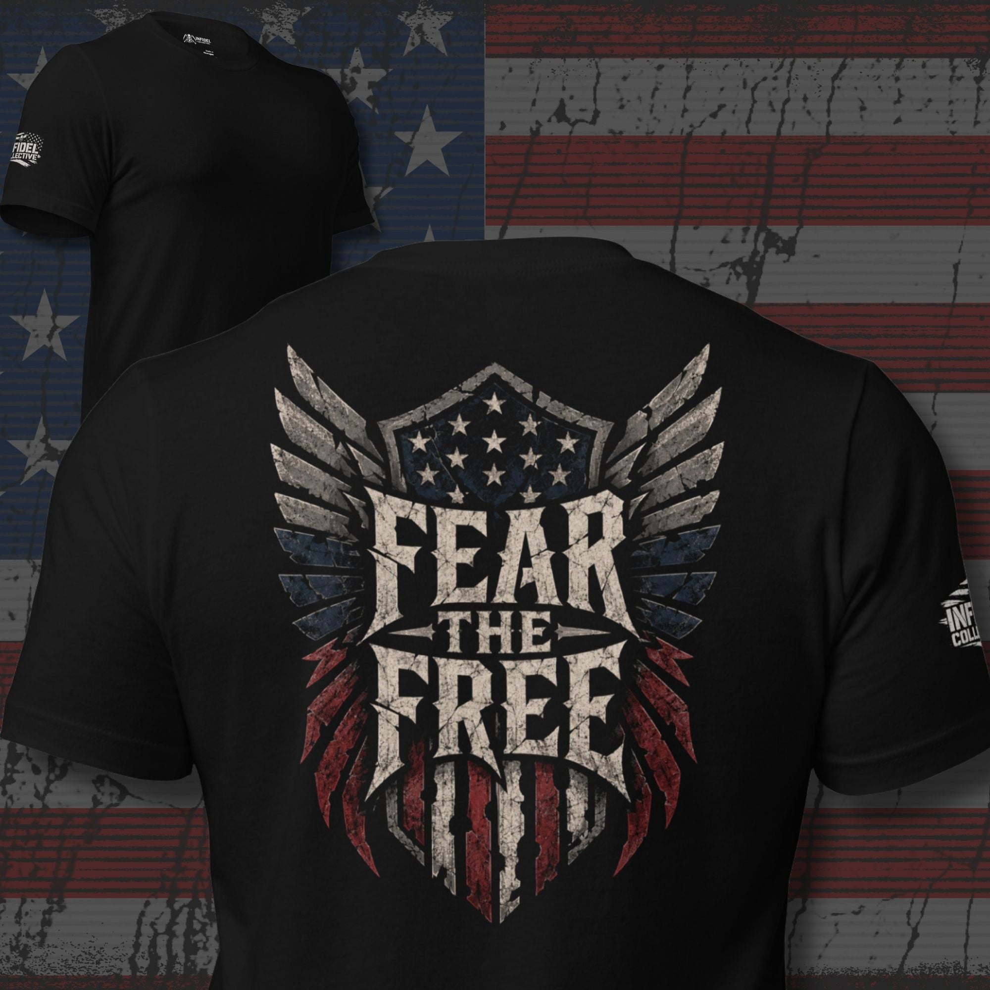 Fear the Free shield wings back print black tee from Infidel Collective