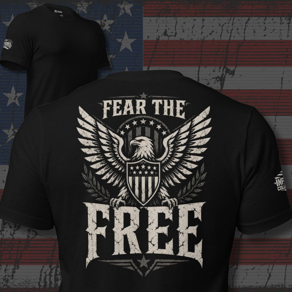 Fear the Free eagle shield back print black tee from Infidel Collective