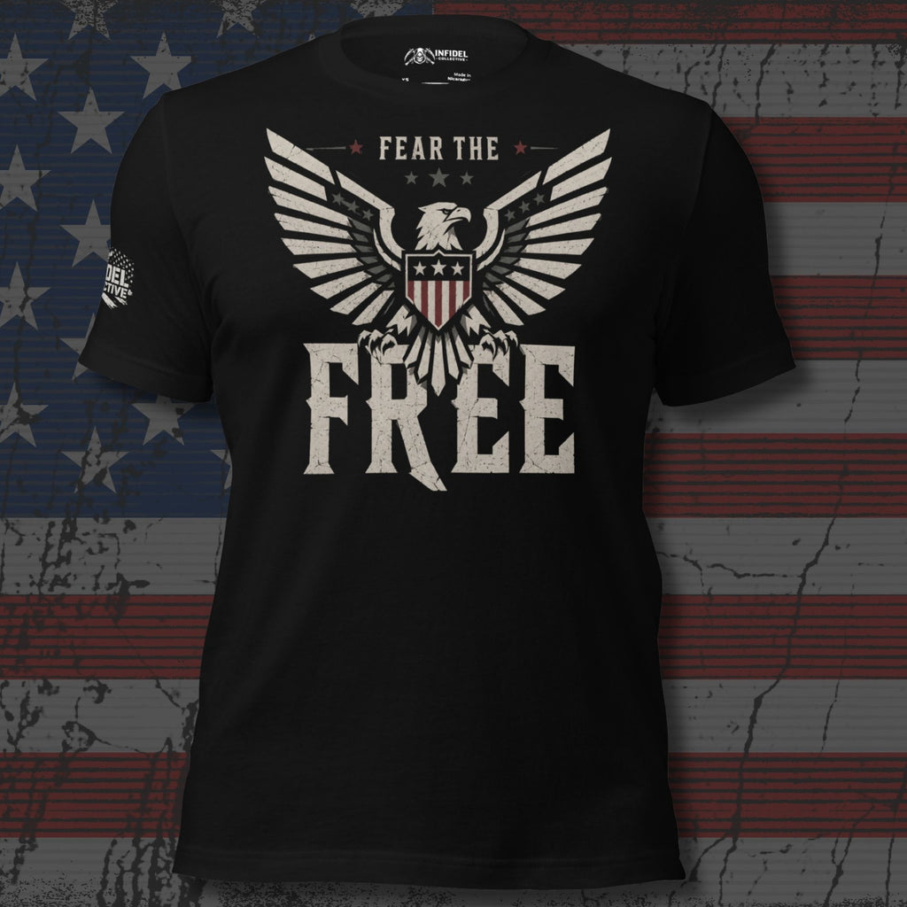 Fear the Free eagle shield front print black tee from Infidel Collective