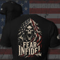 Fear the Infidel screaming reaper in a torn American flag hood design back print black tee from Infidel Collective