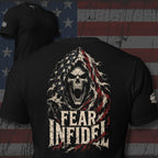 Fear the Infidel American flag reaper back print black tee from Infidel Collective
