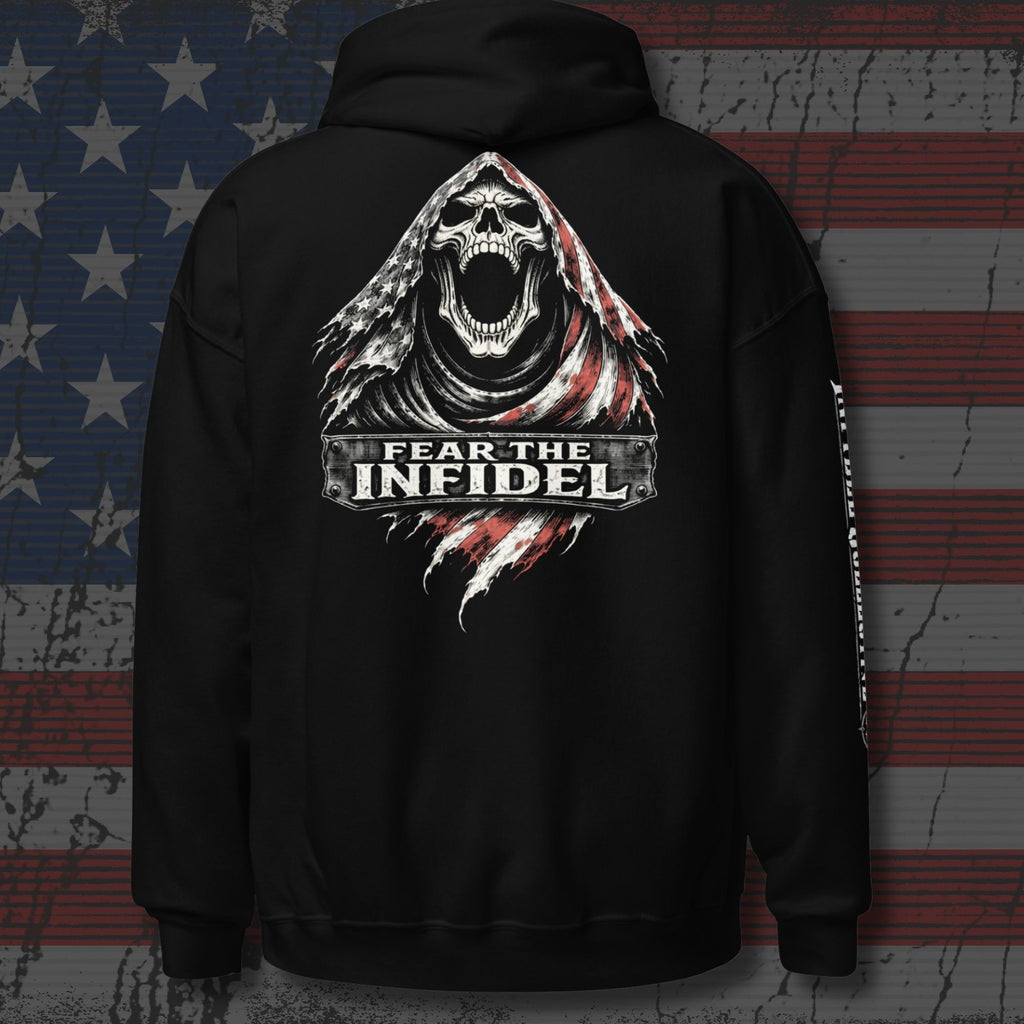 Pullover hoodie featuring the Fear the Infidel American Reaper graphic, back view
