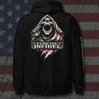 Pullover hoodie featuring the Fear the Infidel American Reaper graphic, back view