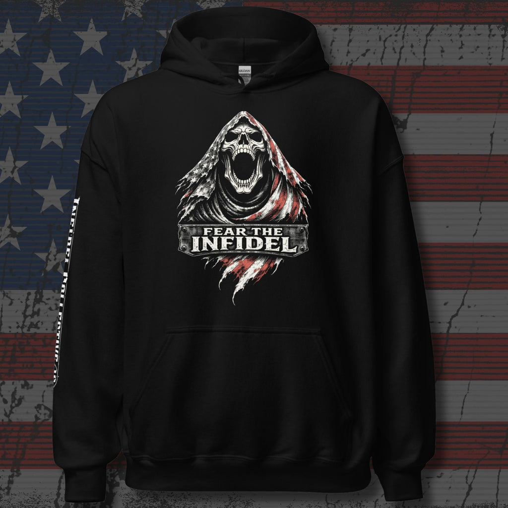 Fear the Infidel American reaper front print black hoodie from Infidel Collective