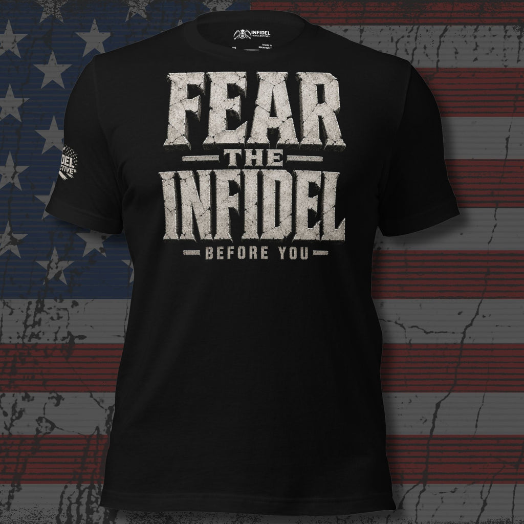 Black Fear the Infidel Before You front print graphic tee from Infidel Collective